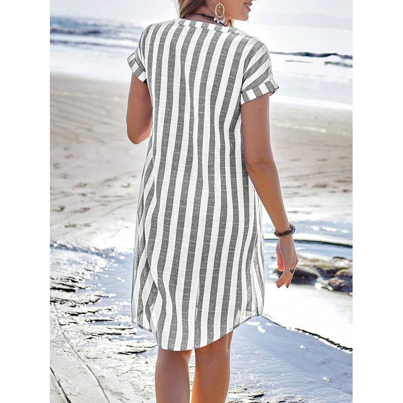 Western Style New Fashion Casual Loose Stripe Short Sleeve Dress Single Breasted Short Dress Striped Dress