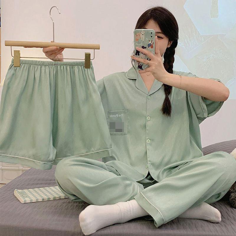 GMXIA Sommermode Pyjama Damen Kurzarm Dreiteiliges Set, Baumwollähnlich Cartoon Student Hauskleidung, Kann Draußen Getragen Werden