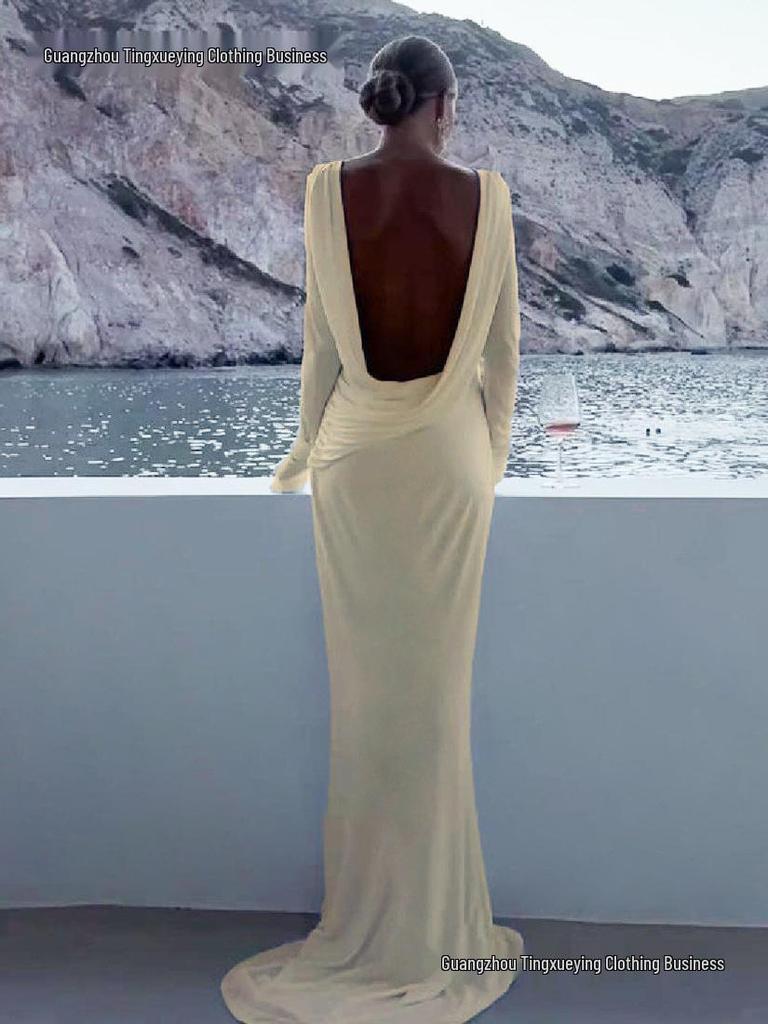 Elegant European & American Women's Backless Long Sleeve Evening Gown - Autumn/Winter Collection