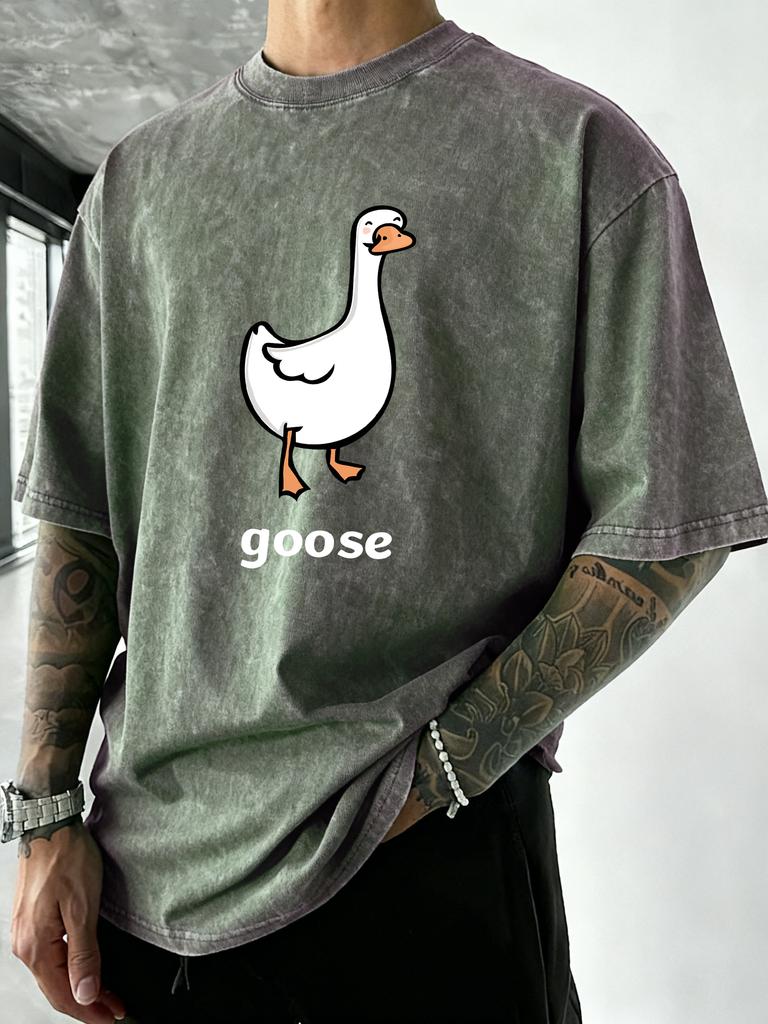 Goose Makes People Happy Print Men Washed TShirt Summer Casual T Shirts Vacation Soft Short Sleeves Loose Hip Hop Streetwear