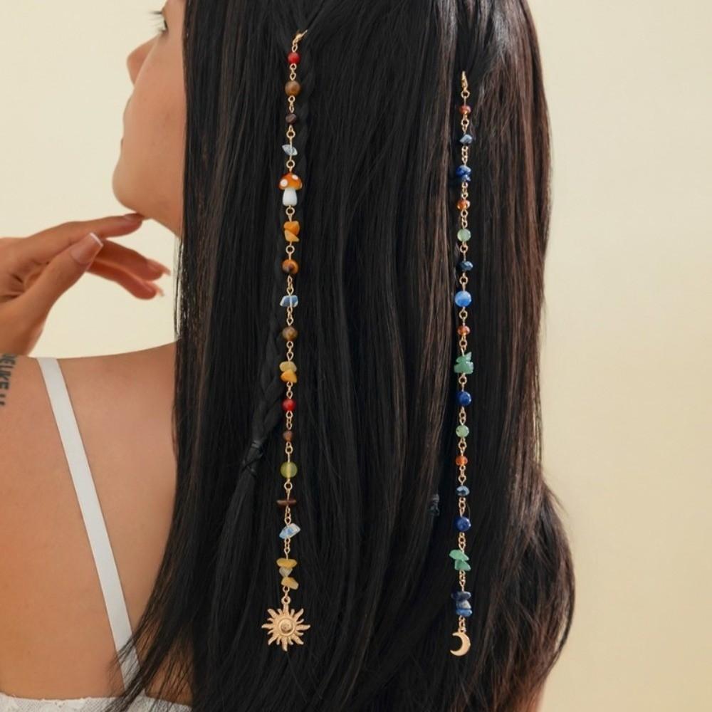 2Pcs Headwear Exquisite Sun Moon Pendant Multicolored Stone Bead Hair Additions for Braids