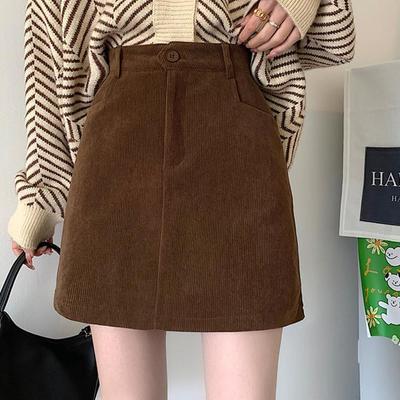 Women's 2024 Petite Slimming A-line Corduroy High Waist Short Skirt, Autumn/Winter, Coffee Color