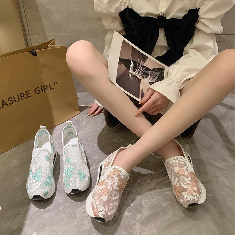 2024 Spring Women's Lace Mesh Slip-On High Heel Platform Shoes