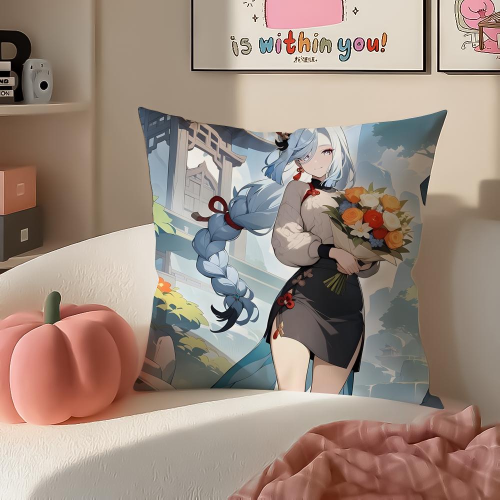 Game Genshin ShenHe Cushion Cover Pillowcase Short Plush Invisible zipper Room Sofa Cushion Cover