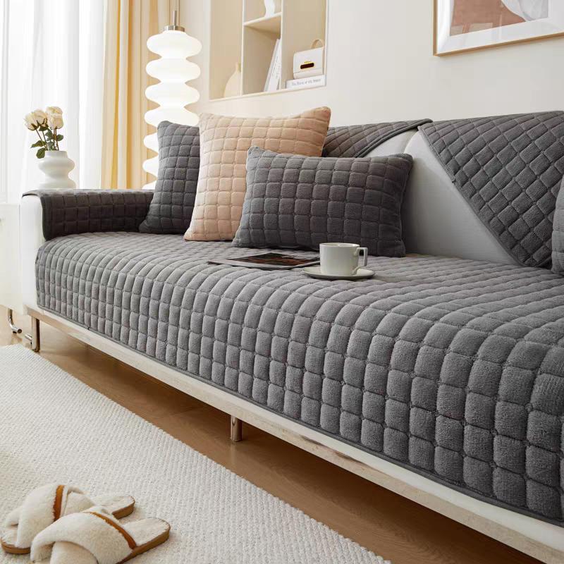 Plyšová kostkovaná pohovka Polštář Neklouzavý zesílený Univerzální potah na pohovku do obývacího pokoje zesílený teplý pohovka zadní kryt područky ručník