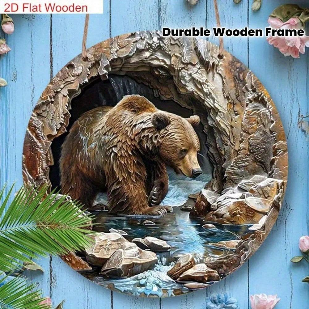 

Brown Bear Metal Wall Art, Rustic Woodland Animal Decor, 2D Flat Steel Landscape with River Rocks, Wildlife Scene for Home Living Room 20x20