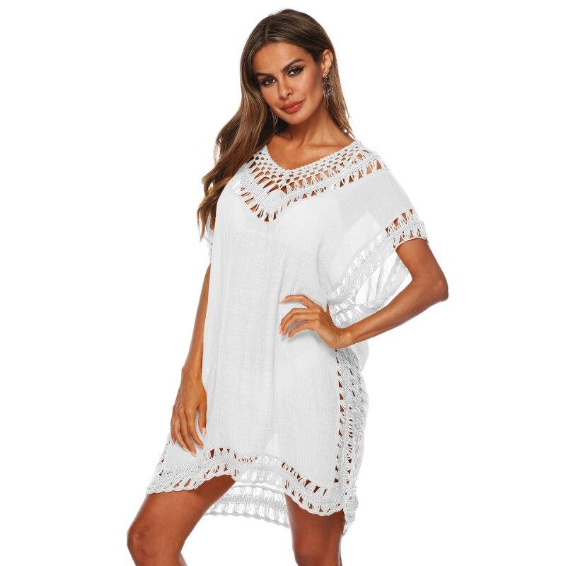 Casual sólido com decote em v vestido geral feminino verão oco solto praia sexy vestido de cobertura mulher vestidos de manga curta 27779