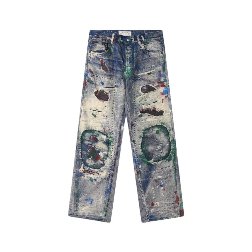 

ZYLLO Мужские уличные джинсы оверсайз в стиле хип-хоп, винтажные джинсовые брюки с 3D-принтом, модная уличная одежда, джинсы прямого кроя с росписью L небесно-голубой