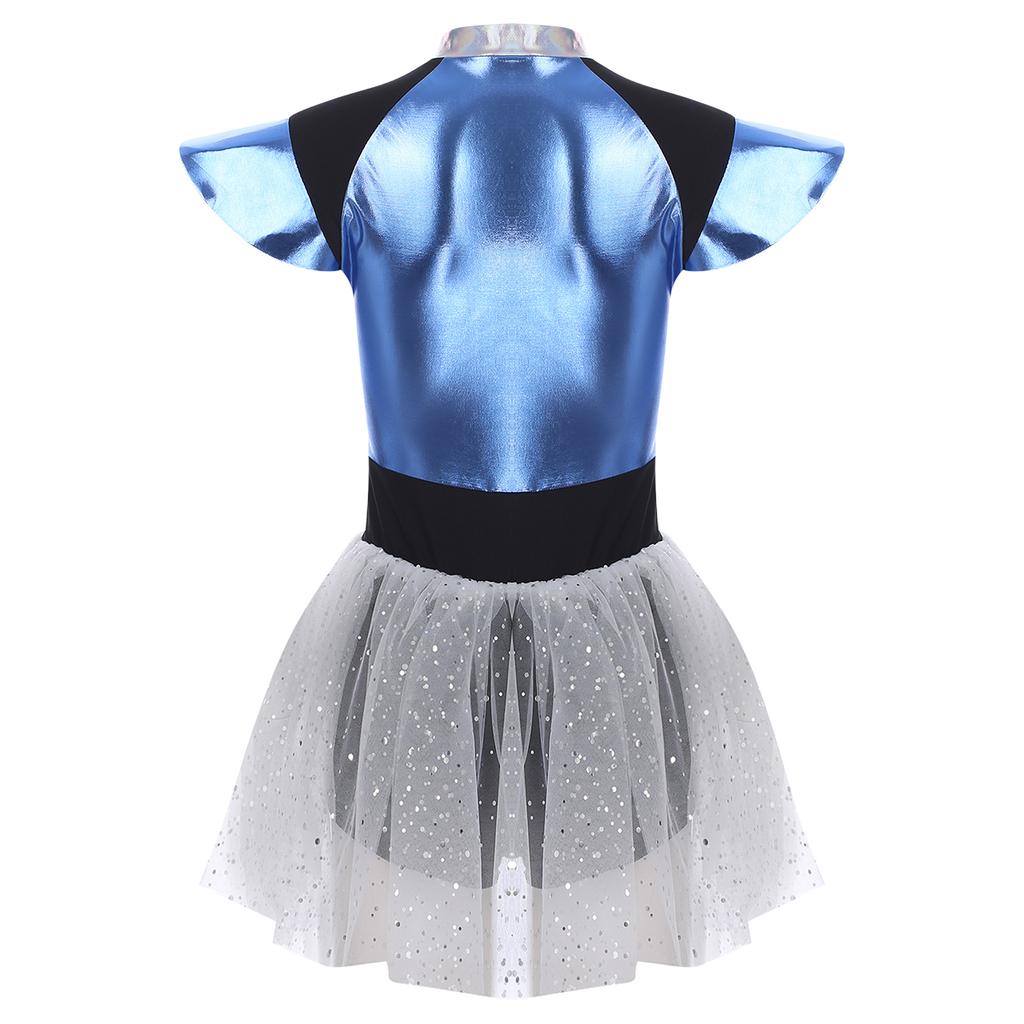 Womens Shiny Metallic Alien Cosplay Costume Fly Sleeve Halloween Party Leotard Tutu Dress