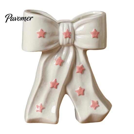Dried Flower Holder Ceramic Bow Vase with Star, Decorative Flowers Vase, Creative French Style Arrangement for Living Room Table Centerpiece