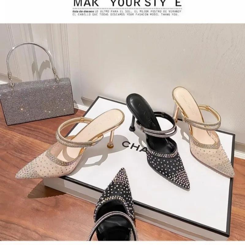 Fashion Slippers Woman Designer Mesh Open Heel Sandals Shoes Fashion Print Pointed End Women High-heel Pumps Sexy Stiletto Lady Mules