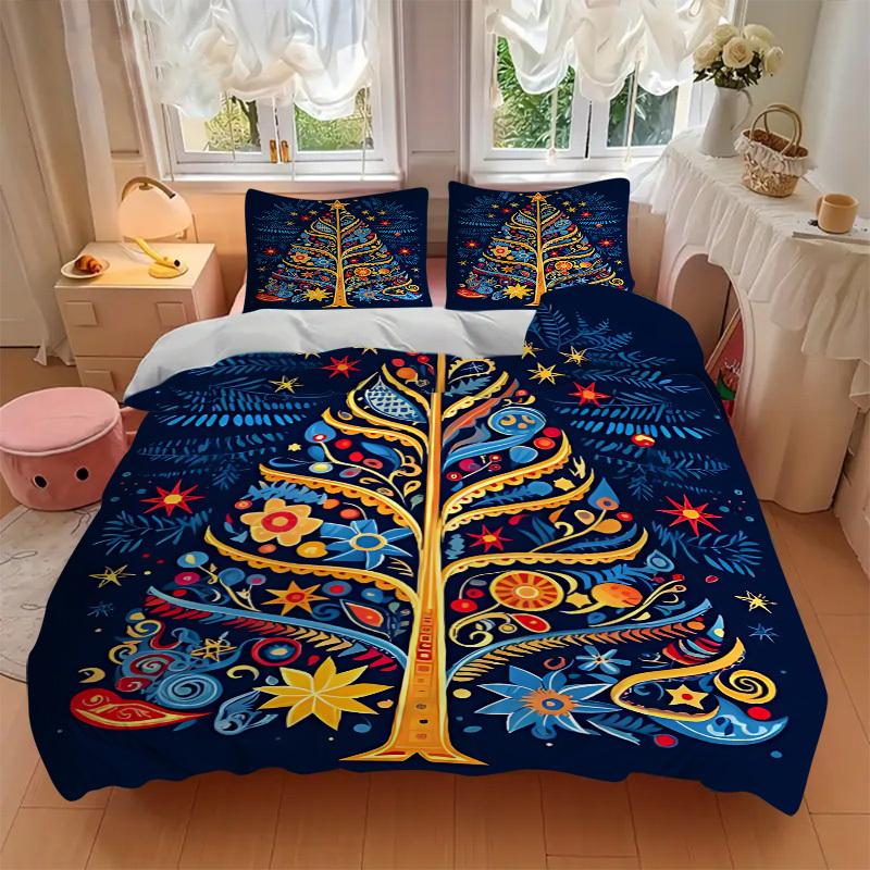 3pcs Christmas Tree Bedding Set, Includes 1 Comforter + 2 Pillowcases, Without Pillow Inserts, Soft Comfortable, Lightweight Breathable061