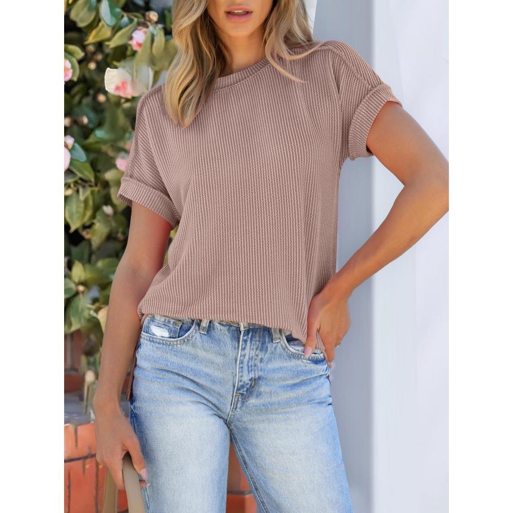 Summer New Round Neck Outer Seam Twisted Strip Short Sleeved Simple Loose T-shirt for Women