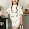 Girls Fashionable Shorts Set with Cat Paw Print Pattern Summer Outdoor Casual Short Sleeved Shorts Set Perfect for Outdoor