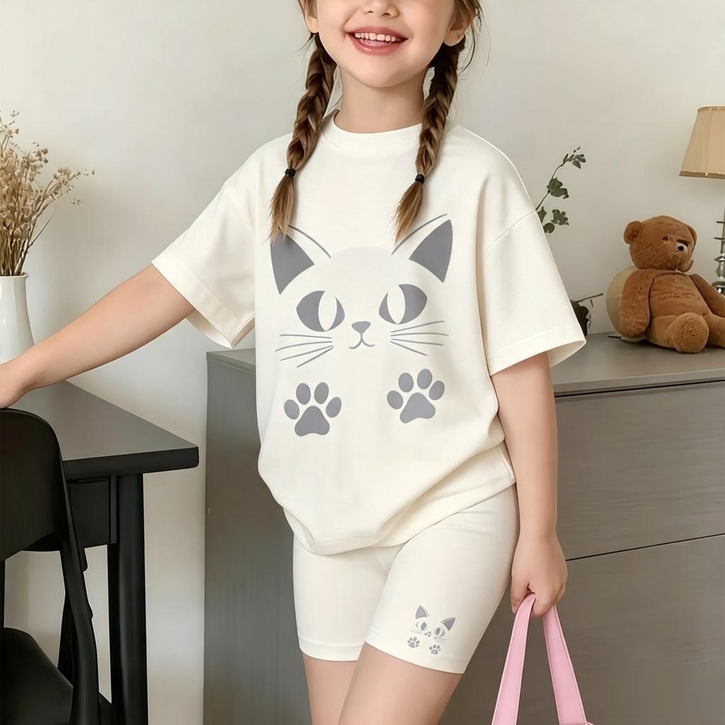 Girls Fashionable Shorts Set with Cat Paw Print Pattern Summer Outdoor Casual Short Sleeved Shorts Set Perfect for Outdoor