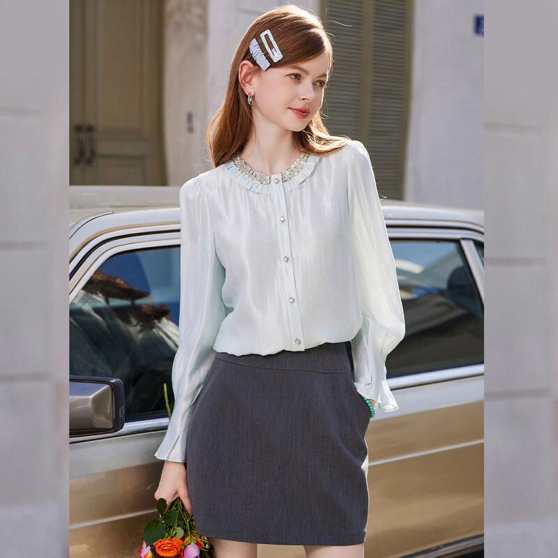 Elegant Sequin Embellished Round Neck Long Sleeve Blouse L