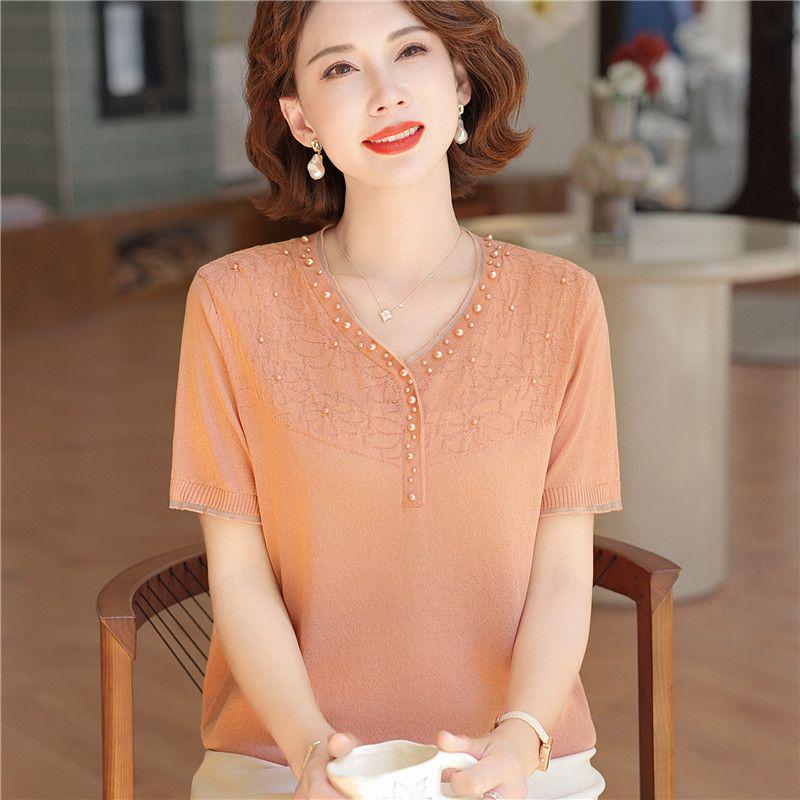 Mom's Summer Ice Silk V-Neck Short-Sleeve T-Shirt for Middle-Aged & Elderly Women - Loose Plus Size Top Set
