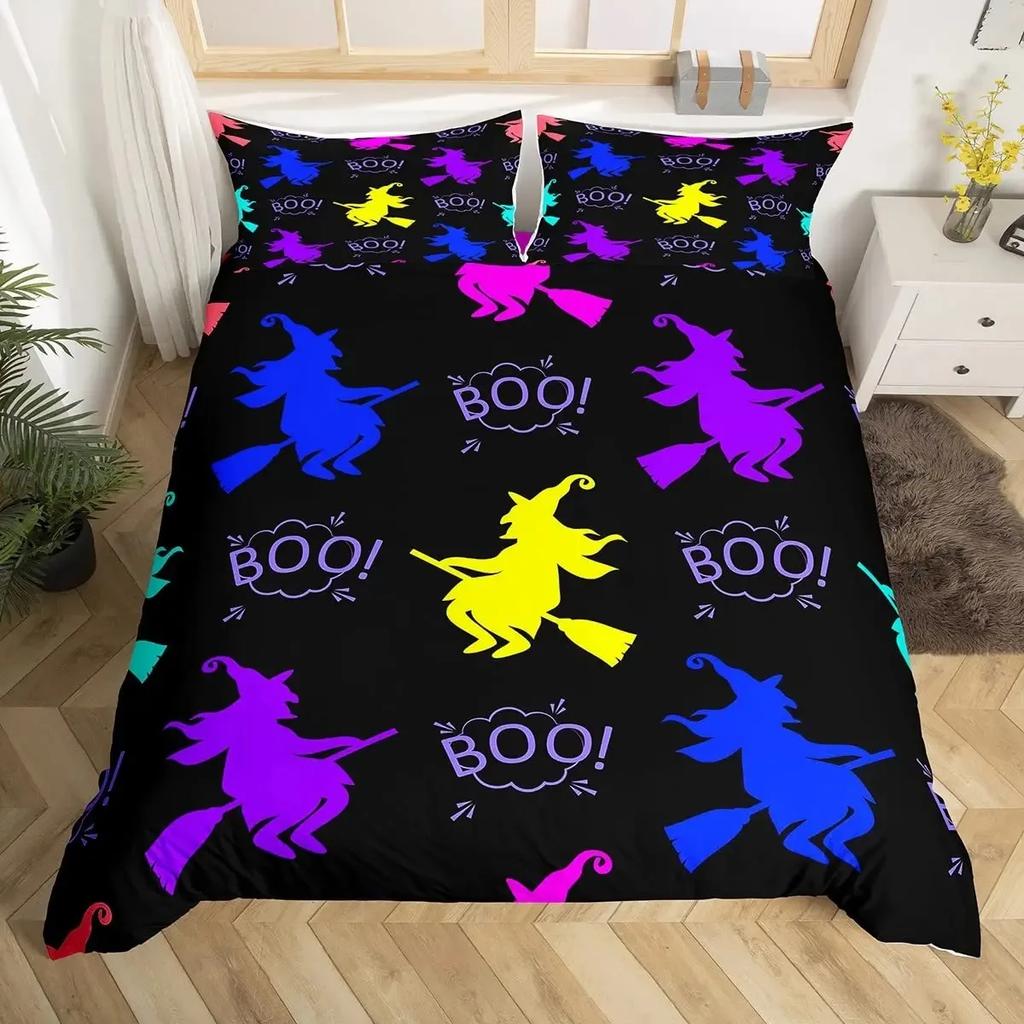 Halloween Duvet Cover Set Gothic Spooky Bedding Sets,Pumpkin Lantern Comforter Cover Horror Ghost Witch Hat Cat Bat Quilt Cover