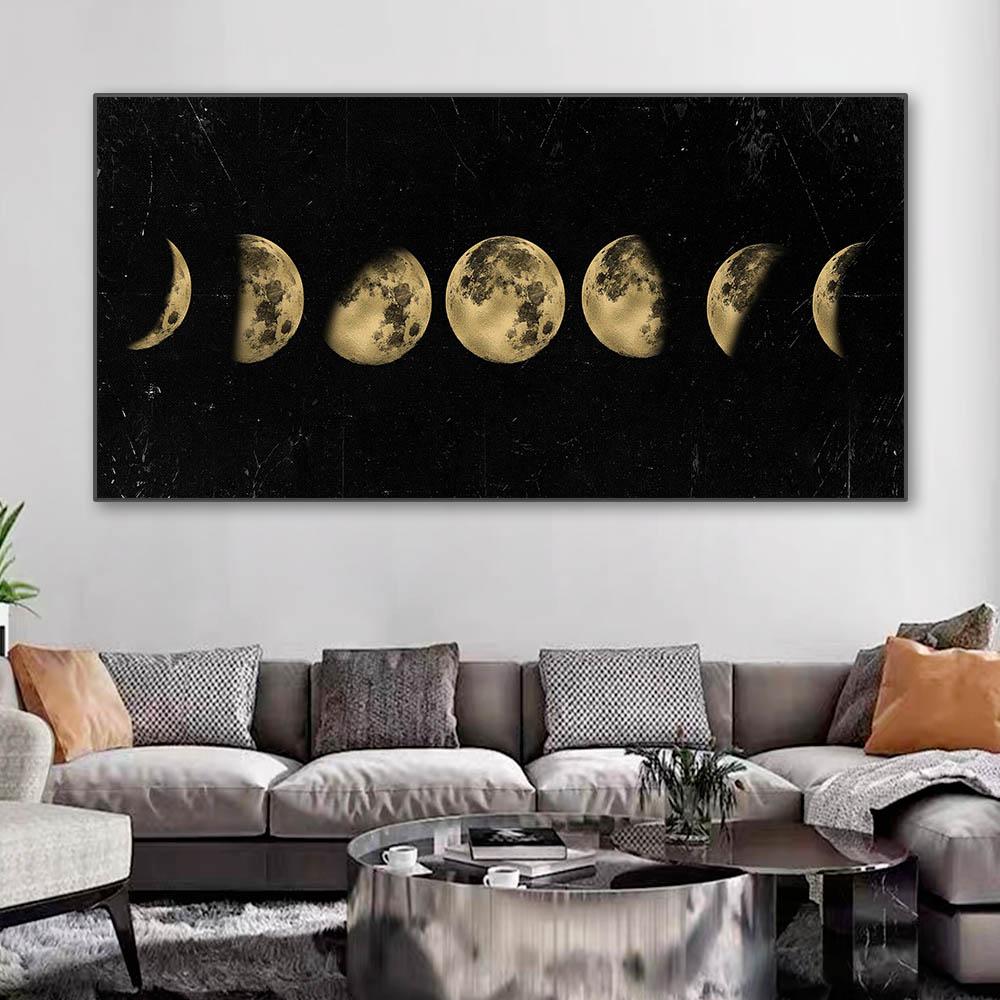 Black and Gold Eclispe of The Moon Canvas Painting Lunar Phases Landscape Wall Art Poster and Prints Pictures for Living Room
