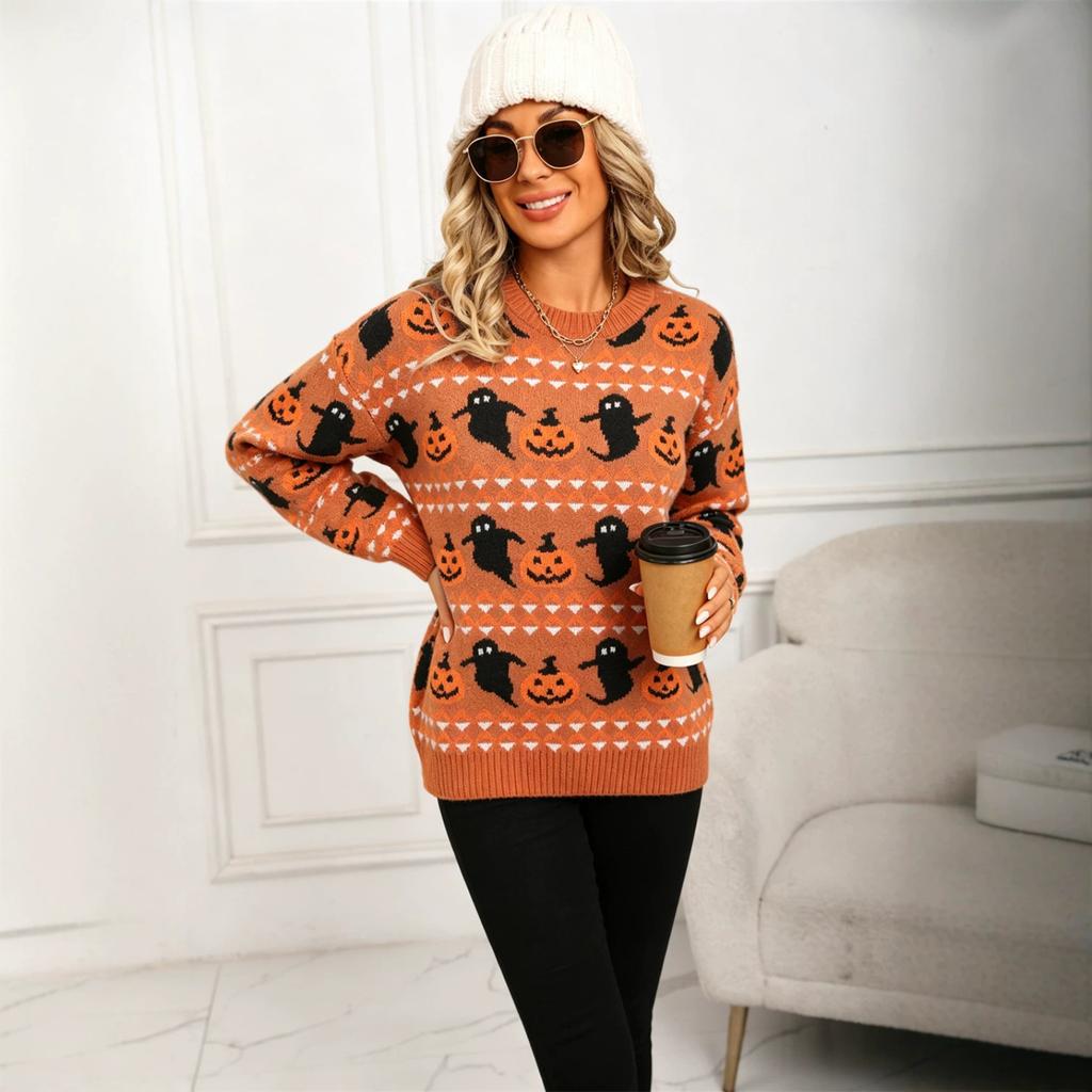 Women's Halloween Pumpkin Neck Pullover Sweater