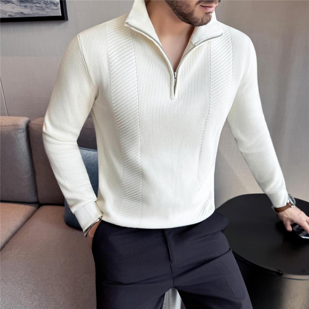 Men's Striped Knitwear Long Sleeve Half-Zip Sweater - White Warm Autumn/Winter Collection