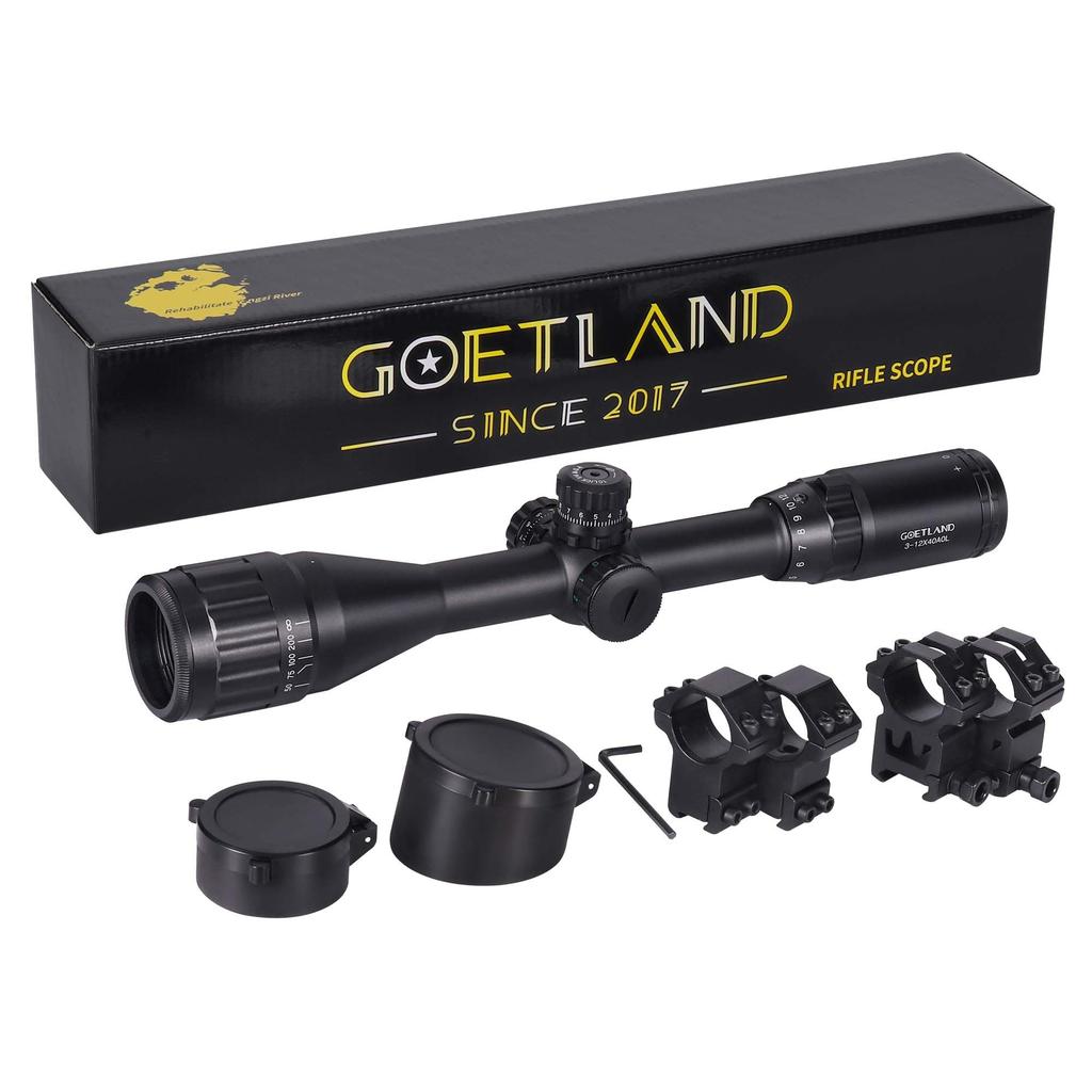 Goetland 3-12x40 AO Riflescope with Variable Magnification, Red, Green, and Blue Illuminated Reticle and Crosshairs, SFP Optical Sight for Airsoft,
