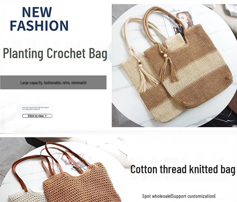 Women's Round Crochet Straw Tote with Leather Belt Accent for Casual Travel and Vacation