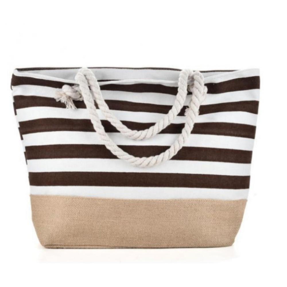 Striped Beach Tote Bag Canvas Foldable Travel Handbag Large Capacity Zipper Gym Grocery Vacation Bags