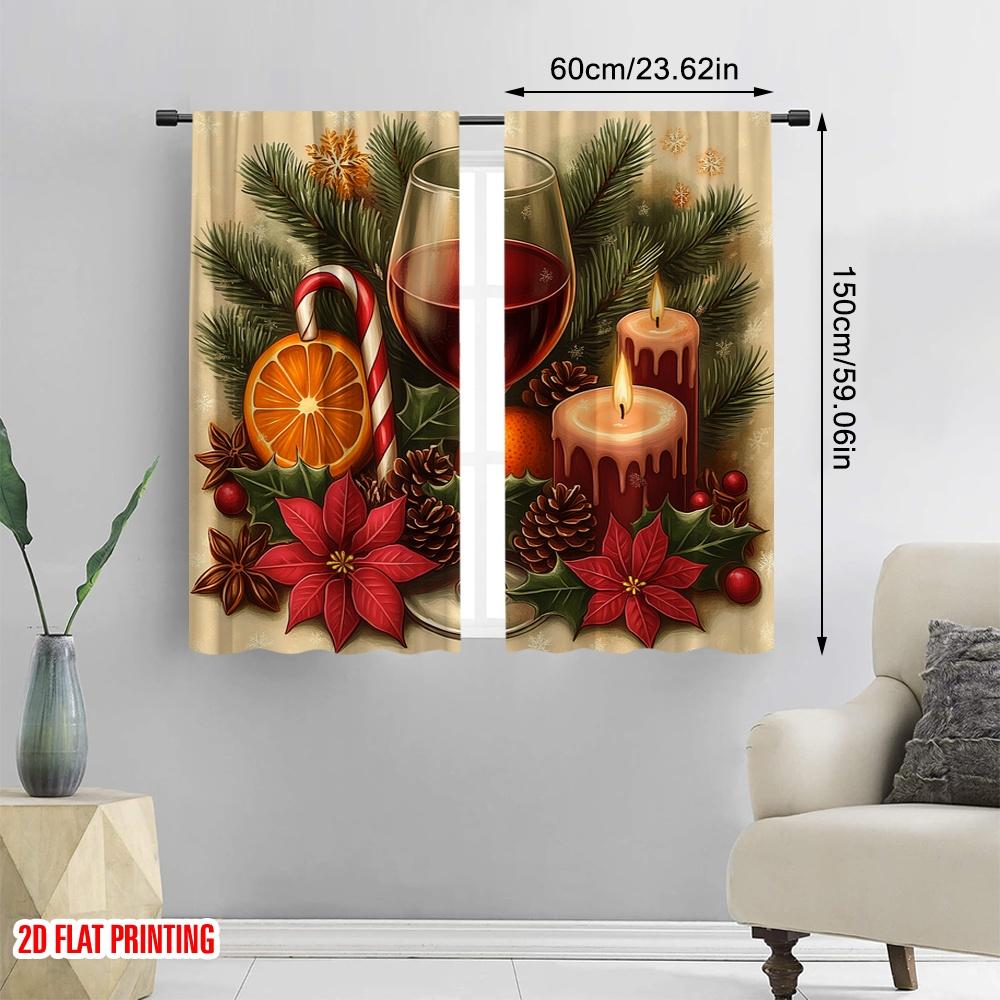 2pcs,2D Plane Printing Curtains Christmas Cozy Wine Pinecone Poinsettia (2) Polyester Easy Install (without Rod) All Seasons