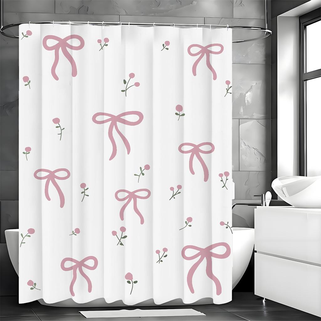 1 Piece Pretty Pink Floral Bow Printed Shower Curtain with 12 Hooks, Mildew Resistant and Waterproof Bathroom Decoration, Modern