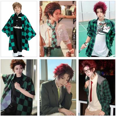 Anime Demon Slayer Kamado Tanjirou Fantasia de Cosplay Kimetsu No Yaiba Fantasia de Desenho Animado Sutis Perucas Halloween Para Crianças Adultos CosParty