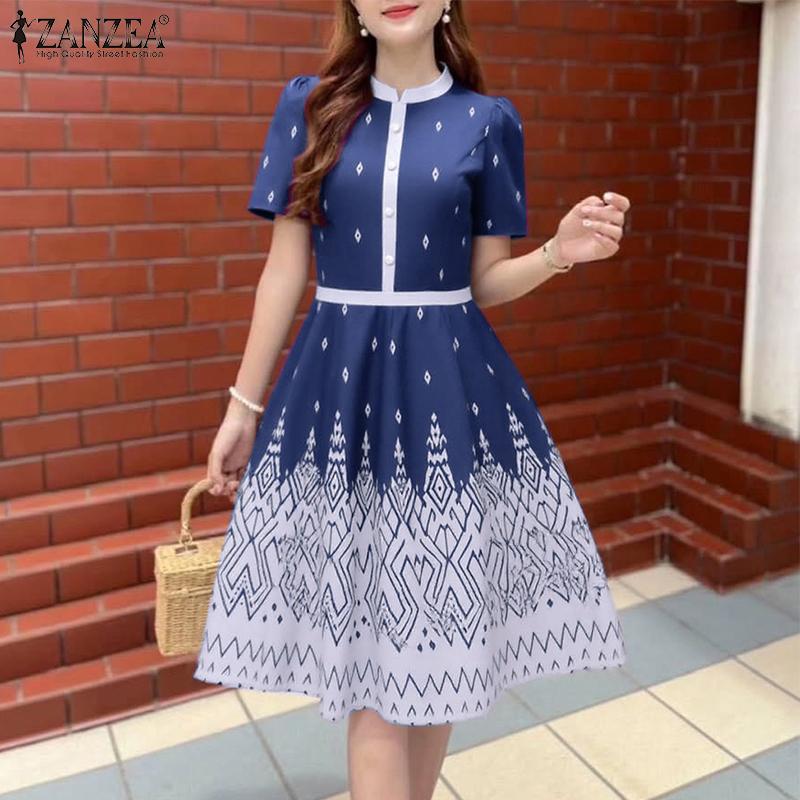

ZANZEA Women Summer Stand neck Casual Short Sleeve Print Dress 5XL кларет
