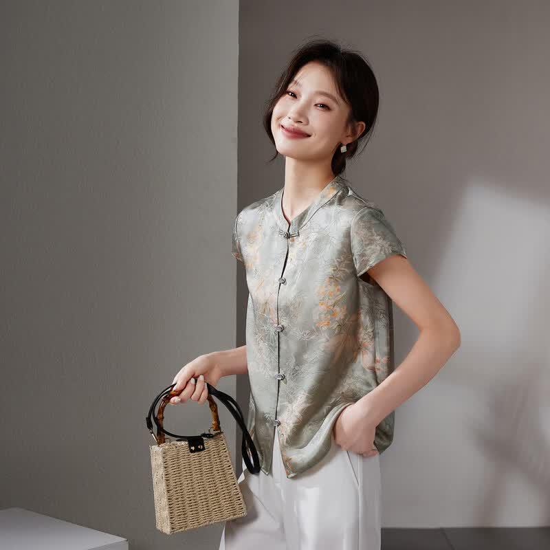 SOFSIL New Chinese Style Silk Blend Printed Short Sleeve Shirt XL