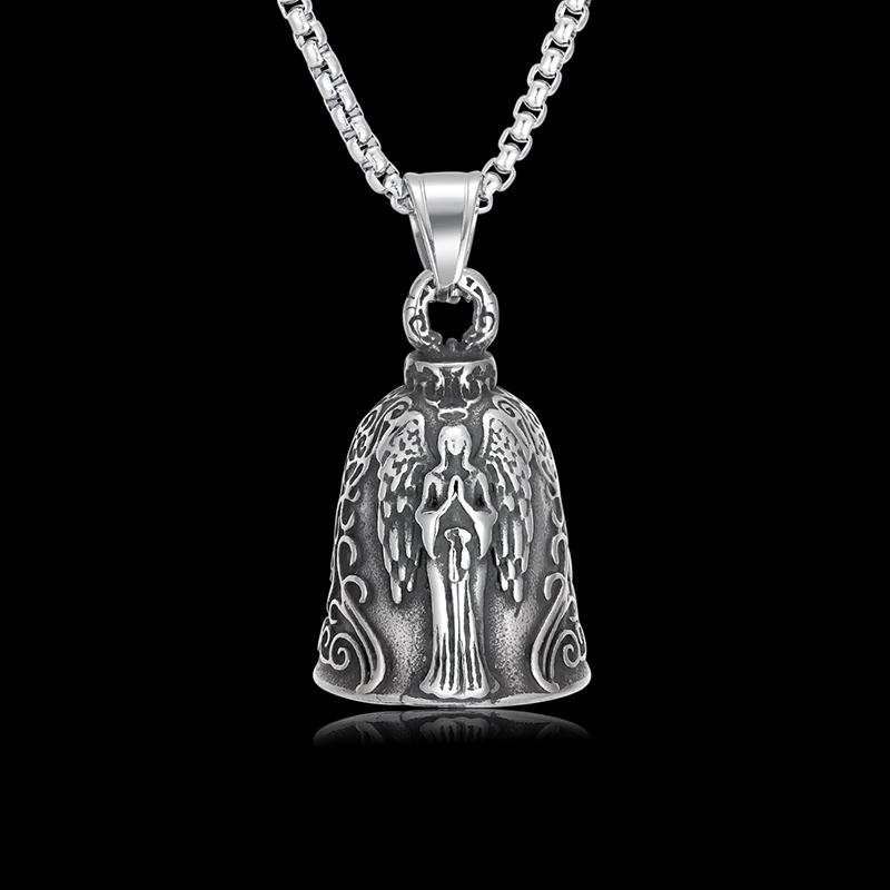 Retro Punk Goddess Angel Wings Bell Pendant Motorcycle Ride Rock Exhibition Party Jewelry Accessories Amulet Necklace