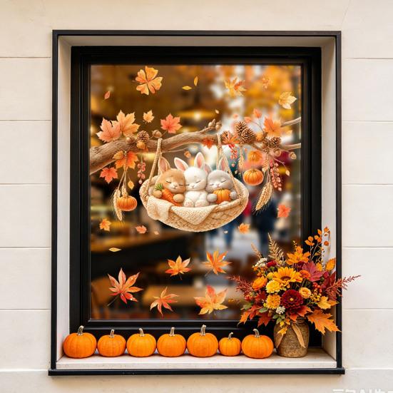 Pumpkin Window Art 2Pcs Fall Maple Leaves Animals Static Stickers, Autumn Squirrel/Hedgehog/Rabbit/Raccoon Glass Waterproof Decals PVC Clings for Home