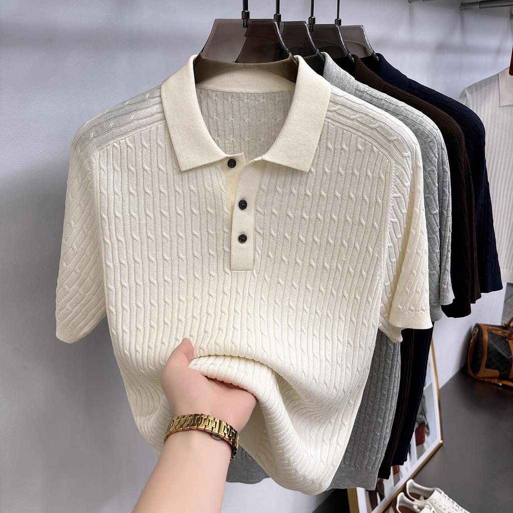 Natural Linen & Lyocell Twisted Flower Knitted Collar Men's Casual Polo Shirt