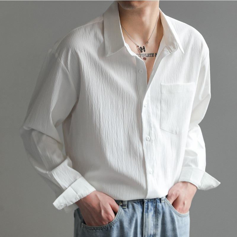 

Men s Brown Textured Button Down Shirt Casual Pocket Detail Oversized Streetwear Top L білий