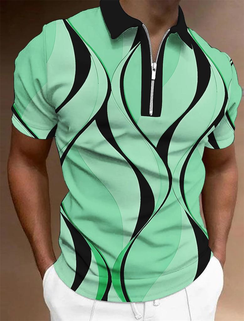 Men's Zipper Polo, Collar Polo Shirt, Golf Shirt, Graphic Print, Geometry, Linear Opening, Short Sleeve, Zipper Clothing Top
