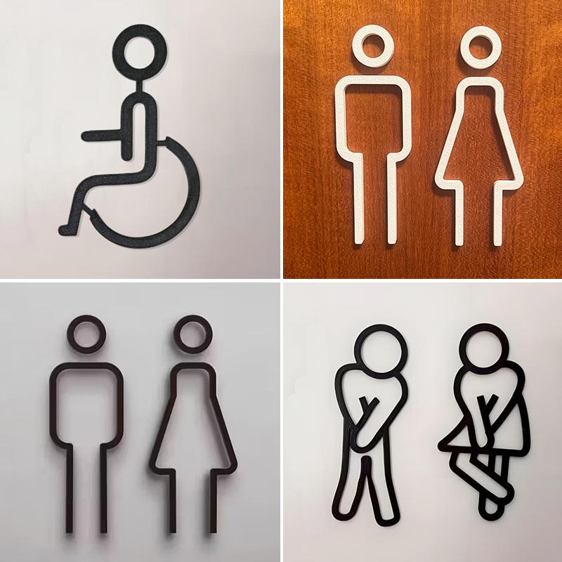 3D Printed Bathroom Door Sign Male & Female Restrooms Symbol Door Decor Restaurant Hotel Cafe Toilet Signage Wall Sticker