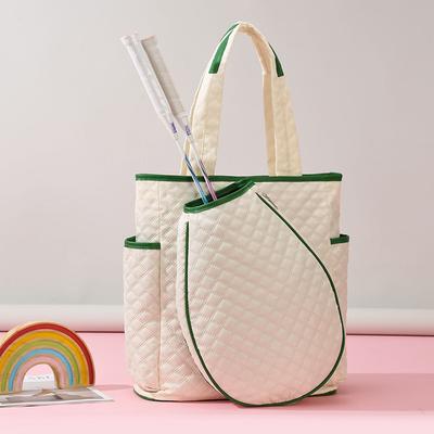 Quilted Sports Tote Bag with Side Pockets for Badminton Racket Storage Large Capacity Casual Shopping Bag