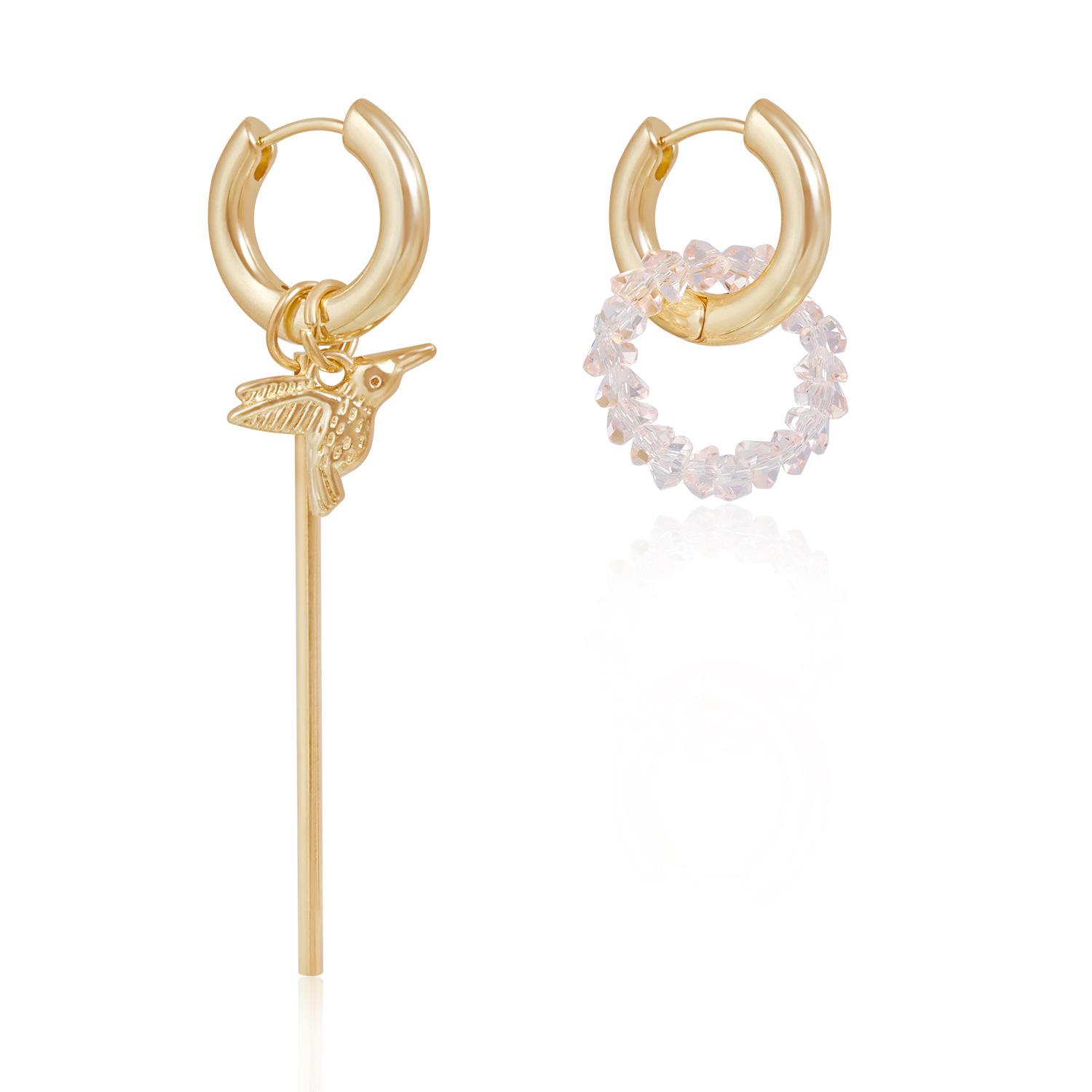 

European and American jewelry personalized simple ins wind multi-color crystal bird ear buckle asymmetrical light luxury fashion earrings