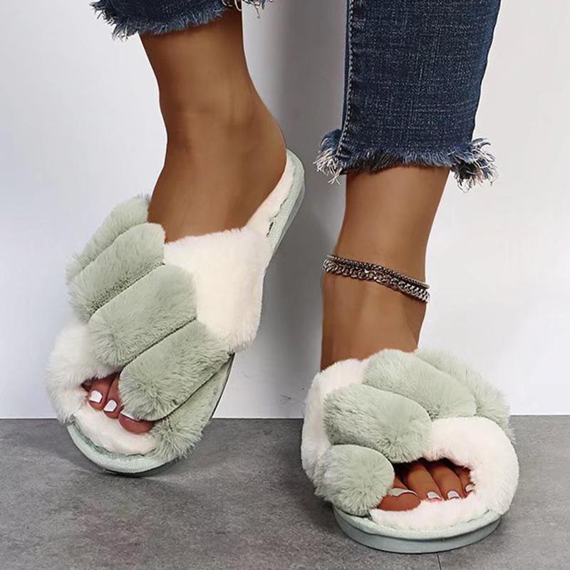 Fashion Contrast Color Cross Strap Plush Slippers for Women Winter Fashion Fluffy House Slippers Woman Cozy Warm Faux Rabbit Fur Slides