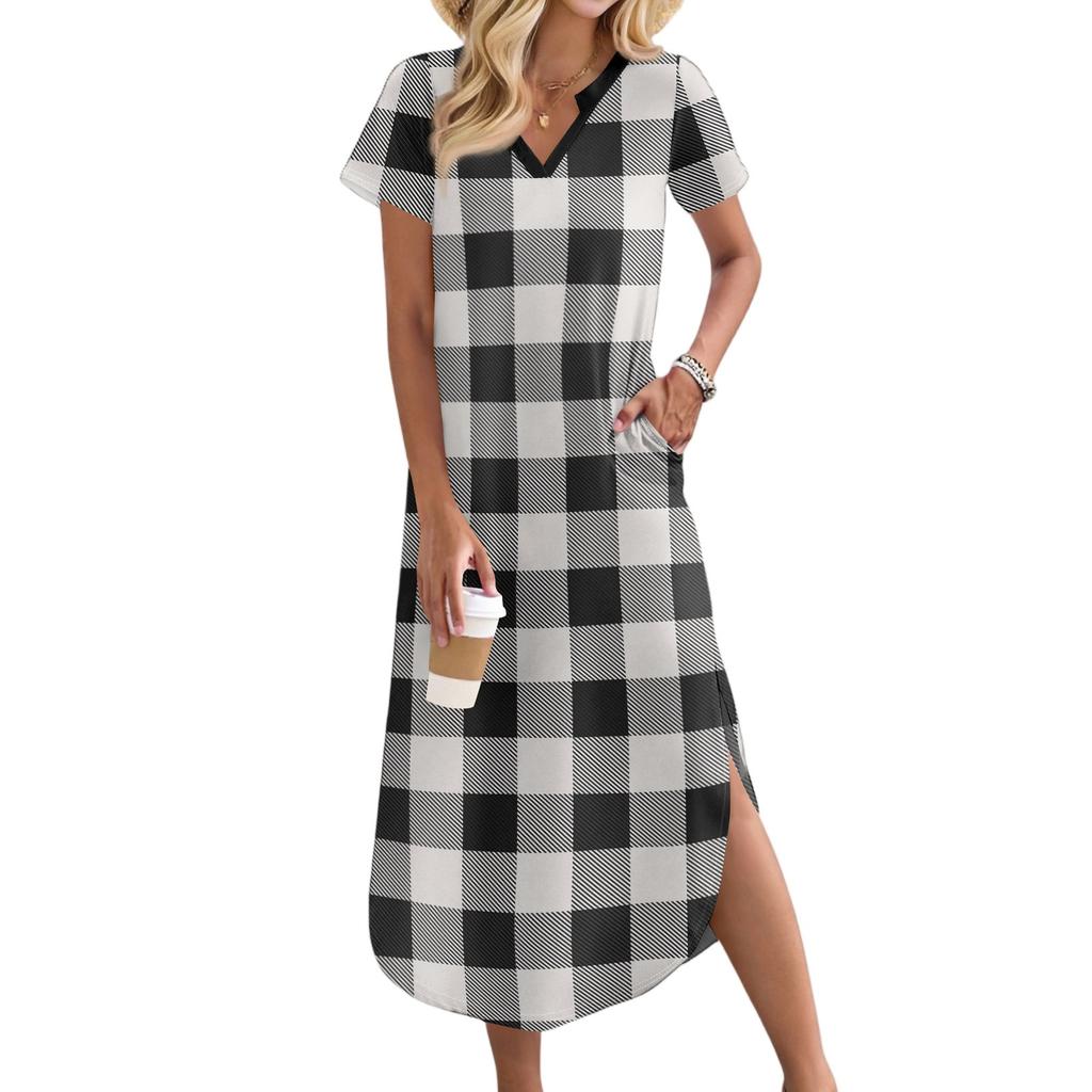 Women's Casual Comfortable V Neck Loose Hem Split Vacation Short Sleeve Plaid Long Dresses