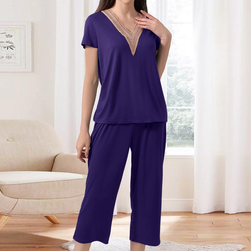 Women's Fashionable V-neck Casual Short-sleeved Loungewear Lace Pajamas Loose, Comfortable, Breathable Plus Size Color Top