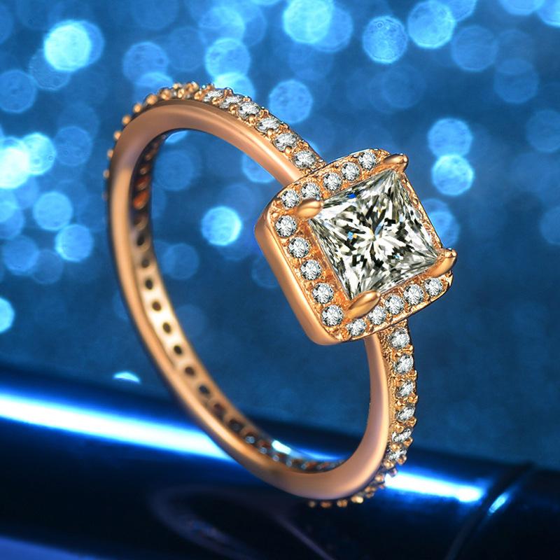 Popular Jewelry Silver Jewelry, Champagne Micro-Set Imitation Diamond Ring Square Diamond Princess Ring
