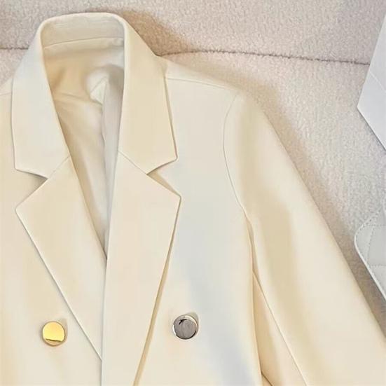 Women Suit Coat Lapel Long Sleeve Double Placket Suit Jacket with Pockets Solid Color Loose Fit Mid-length Business Outerwear