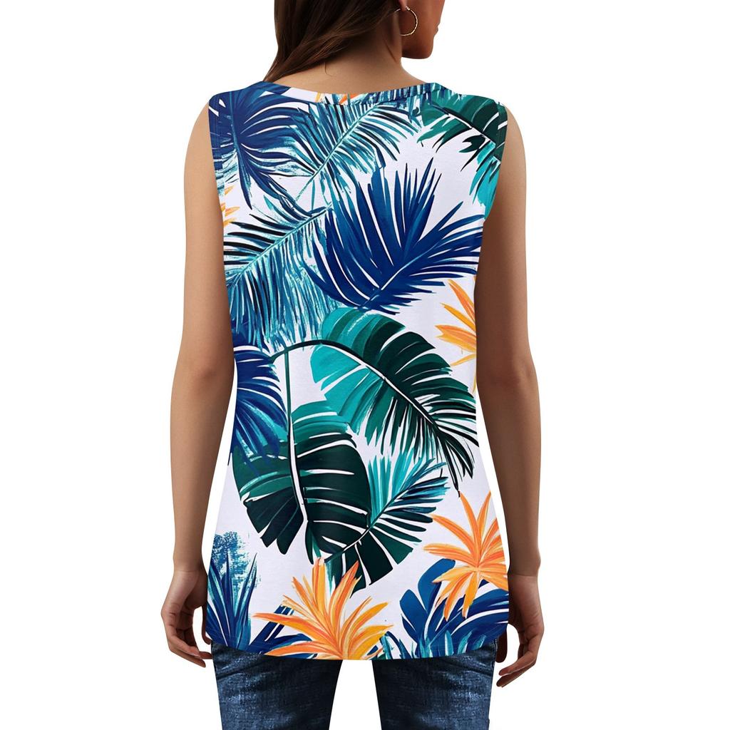 Women's Summer Casual Pleated Square Neck Sleeveless Tank Top Printed T-Shirt