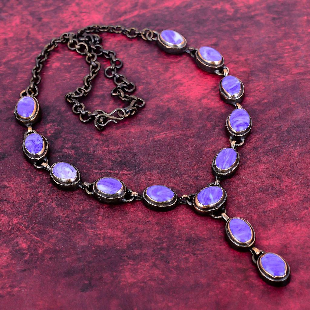 Charoite Gemstone Necklace Electroformed Copper Jewelry Adjustable Chain Necklace
