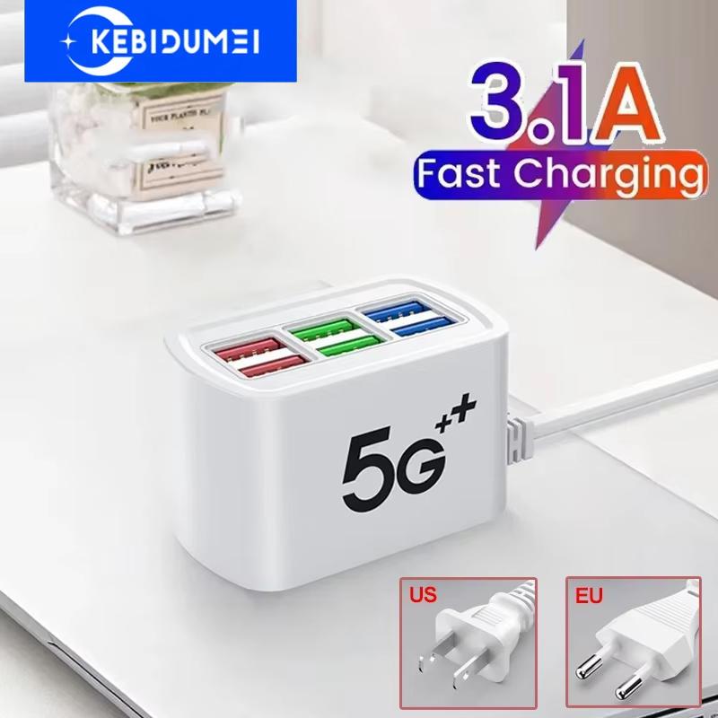 6 Portar USB Ström USB Snabbladdare Grenuttag Skrivbordsladdningsstation Snabbladdning 1m Sladd USB-hubb Adapter Uttag för Ios Android