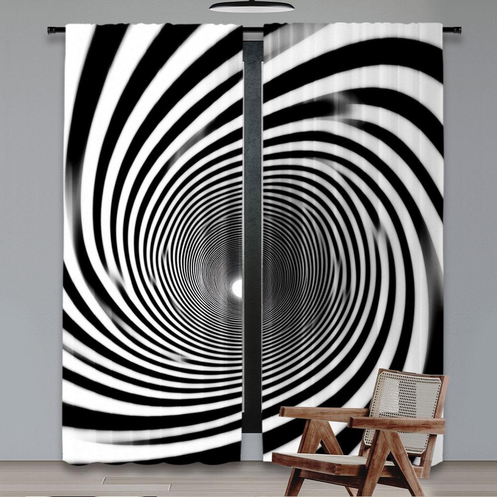 2Pcs Black And White Spiral Vortex Curtain Futuristic Pipeline Tube Endless Tunnel Striped Swirl Window Drapes All Season Charm